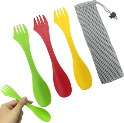 Set van 3 Plastic Sporks - 3-in-1 Camping Bestek voor Buiten, Hiking en Reizen met Draagtas in Meerdere Kleuren