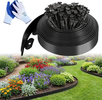 Flexibele Graszodenafscheiding 10 m Hoogte 5 cm met 30 Grondankers en Tuinhandschoenen voor Bedrand en Tuinpaden (Zwart)