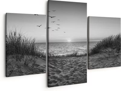 Artaza Canvas Schilderij Drieluik Strand en Duinen - Zwart Wit - 150x120 - Groot - Foto Op Canvas - Canvas Print