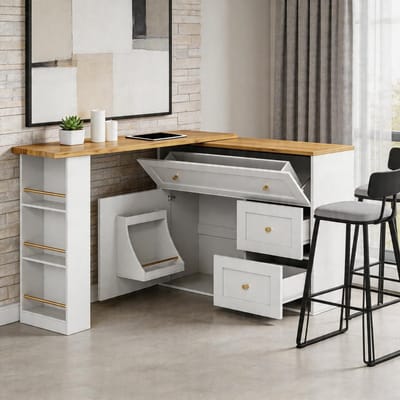 KOMHTOM - Uitschuifbare bartafel met opbergruimte - Keukenkast - Dressoir met snackplank - Telescopische bartafel statafel bistrotafel hoge tafel kookeiland - 138-204x39x105 cm - Wit