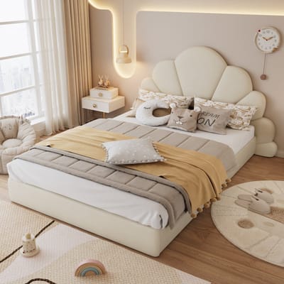 MODENUIT Gestoffeerd bed 140x200 cm – Tweepersoonsbed met bloemvormig hoofdbord – Lattenbodem – Zonder matras – Beige
