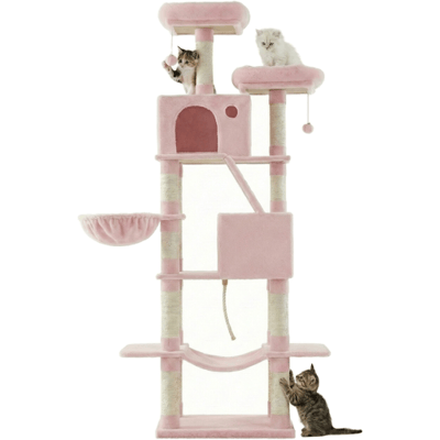JOYFURNOS krabpaal, 206 cm grote kattenboom met 13 krabpalen, 1 krabhelling, 2 ligplateaus, 2 grotten, mand, hangmat, pompons, pluche kattenhuis met