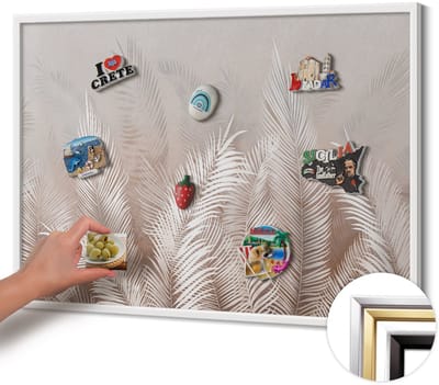 Wallfluent - Beige Magneetbord in Stijlvolle Kleuren - 100 cm x 70 cm - Magneetbord met Witte Frame - Natuurlijke boho-bladeren - Magneetbord voor Reissouvenirs - Design Magneetbord met Frame - Magnetisch Bord Foto Bevestiging