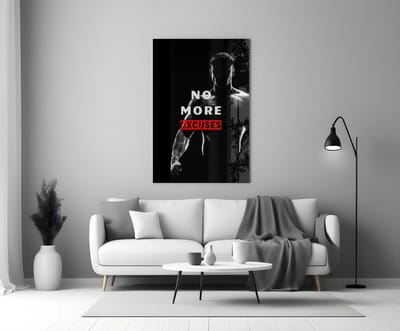 Glasschilderij No More Excuses – Motivatie Poster – Fitness Gym Wanddecoratie – Sport Schilderij - 90x60 cm