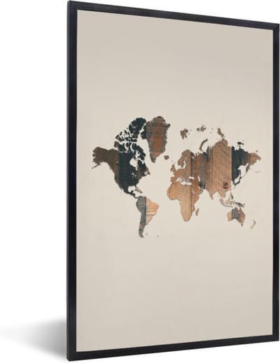 Poster in lijst - Fotolijst 20x30 cm - Posters - Wereldkaart - Houten plank - Bruin - Posterlijst zwart - Decoratie - Wanddecoratie woonkamer - Muurdecoratie slaapkamer