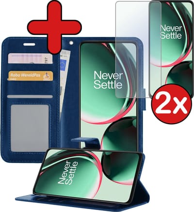 Hoesje - Met 2x Screenprotector - Geschikt voor OnePlus Nord CE 3 Lite - Luxe Pasjeshouder - Flip Case - Bookcase Portemonee - Kunstleer Book Case - Flipcase Hoes - Book Cover - Walletcase - Portemonneehoes - Telefoonhoes - Donkerblauw