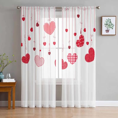 Valentijnsdag Liefde Hanger Liefde Decor Tule Voile Gordijnen voor Slaapkamer Woonkamer Raamgordijn Transparante Organza Draperieën 135W x 114H(cm) white