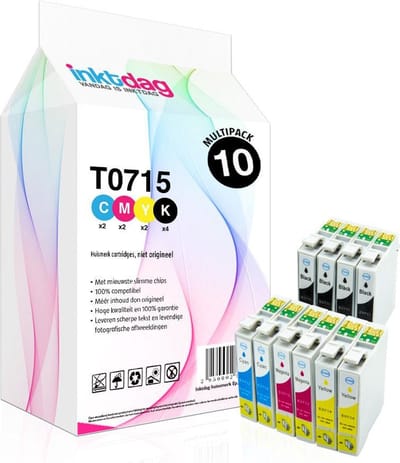 Inktdag inktcartridges voor Epson T0715, multipack van 10 stuks (4*T0711, 2* T0712 ,2*T0713, 2*T0714) voor Epson Stylus D120, S20, S21, SX100, SX105, SX110, SX115, SX200, SX205, SX210, SX215, SX218, SX400, SX405, SX410, SX415, SX510W, SX600FW, SX610