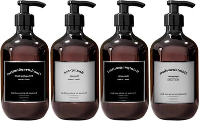 Ronte - Kunststof Zeepdispenser Set van 4 - 500 ml - Met Etiketten - Pompflessen voor Badkamer - Shampoo - Bruin