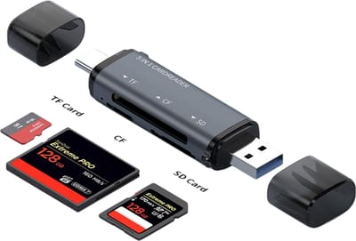 USB + USB-C naar SD + Micro-SD (TF) + CF Kaartlezer - Geheugenkaart Adapter voor Laptop, Smartphone en Camera - grijs