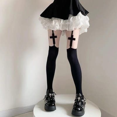Collants Métalliques à Motif Croix Personnalisés Pour Femmes Chaussettes Porte-Jarretelles Fines Hautes Cuisses Lolita Anime Cosplay Gothique Bas Au-dessus du Genou One Size white