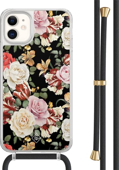 Casimoda® hoesje met zwart koord - Geschikt voor iPhone 11 - Bloemen flowerpower - Afneembaar koord - TPU/acryl - Multi