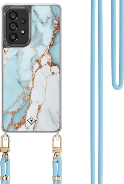 Casimoda® hoesje met koord - Geschikt voor Samsung A53 - Marmer Lichtblauw - Afneembaar koord - TPU/polycarbonaat - Blauw