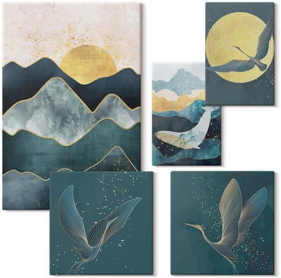 Wallfluent Set van canvas schilderijen - Stijlvolle berglandschappen met vogels en zon Canvas Schilderijen Set - Set van 5 Canvas Schilderijen - Turkoois Set van Canvas Prints - Landschappen Canvas Kunst Set - Boheemse Canvas Kunst Set