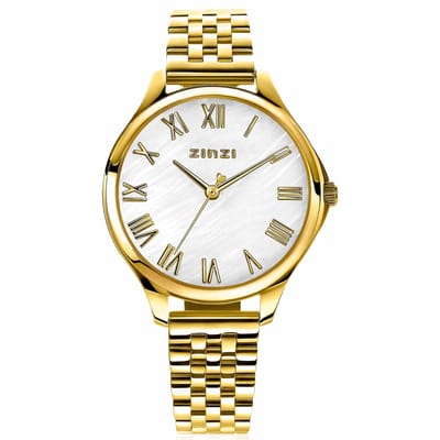 ZINZI horloge JULIA 34mm wit parelmoer wijzerplaat romeinse cijfers goudkleurige stalen kast en band ziw1134