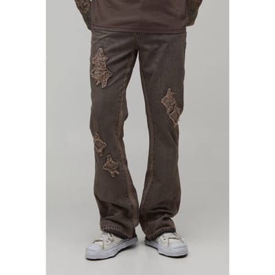 Lange Gewassen Slim Flare Jeans Met Applicatie Panelen | Stone | Size 30