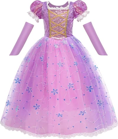 Prinsessenjurk - Prinses lang haar - Glitter - Paars/roze - Prinses - Verkleedkleding - Maat 98/104 (2/3 jaar)