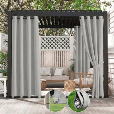 Qelus Buitengordijn Winddicht & Waterdicht - Outdoor Gordijn met Oogjes (Boven) en Anti-wind Lussen (Onder) - Weerbestendig voor Pergola - 132x213cm - Lichtgrijs - 1 Stuk