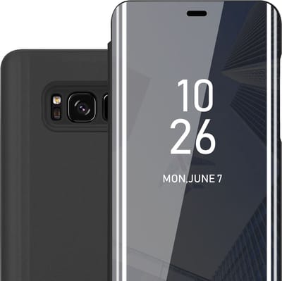 Cadorabo Hoesje geschikt voor Samsung Galaxy S8 in TOERMALIJN ZWART - Clear View Spiegel Beschermende Case met Tribunefunctie 360 Graden Bescherming Book Case Cover Etui