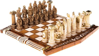 Schaakspel Alabaster - Griekse Goden - Strategisch Spel - Handgemaakt Uniek - 35 x 35 cm - Goudkleurig