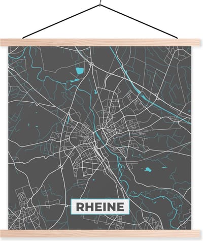 Posterhanger incl. Poster 40x40 cm - Schoolplaat - Duitsland – Blauw – Rheine – Stadskaart – Kaart – Plattegrond - Textielposter - Blanke latten - Stadskaart