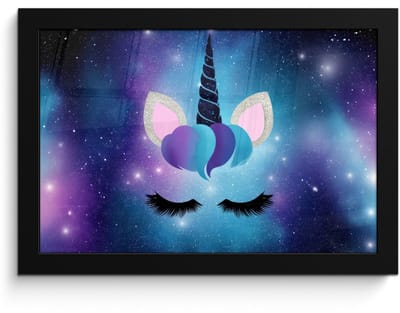 Poster in lijst - Fotolijst 30x20 cm - Posters - Eenhoorn - Sterren - Magisch - Blauw - Posterlijst zwart - Decoratie - Wanddecoratie woonkamer - Muurdecoratie slaapkamer