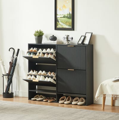 Schoenenkast - Smal Ontwerp Met Kantelvakken En Open Onderplank - Voor Hal En Entree - Hout En Metaal - 120x24x102 Cm - Zwart
