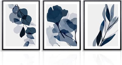 PromoHome Abstracte Botanische Wanddecoratie Set - 3 Blauwe Waterverf Planten Prints voor Muurdecoratie