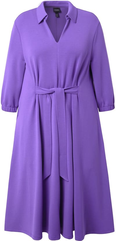 Ulla Popken - Dames - Sweatjurk A-lijn overhemdkraag 3/4-mouwen modalmix - Purper - Maat 42+
