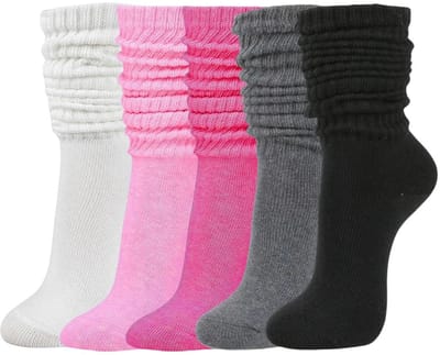 WiseGoods Premium 5 Paar Slouchy Sokken Dames - Sokken Gebreid Lang & Zacht - Scrunch Sok - One Size - Wit / Zwart / Grijs / Roze