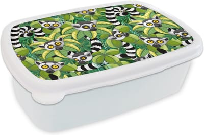 Broodtrommel Wit - Lunchbox - Brooddoos - Patroon - Jungle - Ringstaartmaki - 18x12x6 cm - Volwassenen