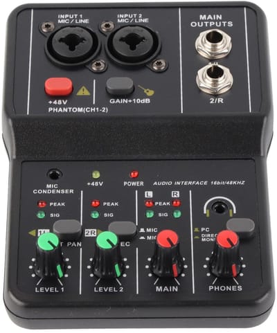 Allecto - 2 Kanaals USB Audio Mixer - Compacte Geluidsconsole voor Opnames en Karaoke - Met Phantom Power - Ideaal voor Thuisgebruik - Professione