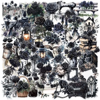 Allecto Plus - Waterdichte vintage stickers - 100 stuks - Zwarte rozen - Gothic decoratie - Planners en dagboeken - Donkere esthetiek - Bloemenmotief