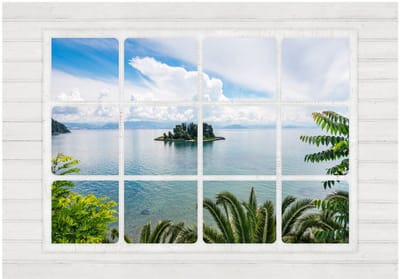 Fotobehangkoning - Behang - Vliesbehang - Fotobehang Uitzicht op het Eiland vanuit het Raam 3D - Desert Island - 400 x 280 cm