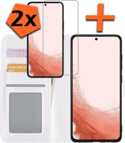 Hoes - Met 2x Screenprotector - Geschikt voor Samsung Galaxy S22 Plus - Luxe Pasjeshouder - Bookcase Portemonee - Flip Case - Kunstleer Book Case - Flipcase Hoes - Book Cover - Walletcase - PortemonneeHoes - Wit