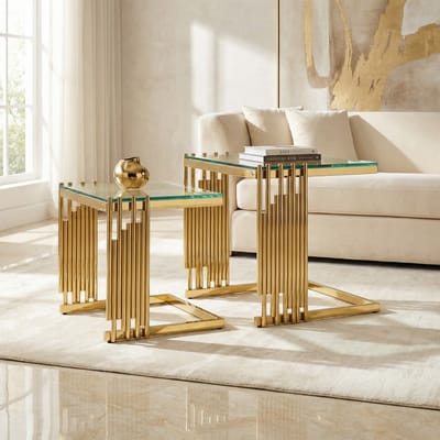 Sweiko Salontafel - Set van 2 - Vierkante bijzettafels - Glazen tafelblad - Goudkleurig metalen frame