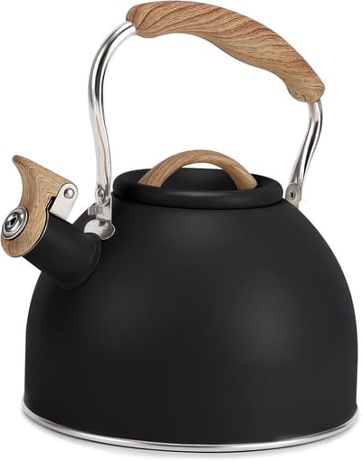 Waterketel – Voor op het fornuis – 3 liter – Roestvrij staal – Handvat met houtnerf – Luid fluitgeluid bij koken – Ideaal voor thee, koffie en het verwarmen van melk – Zwart