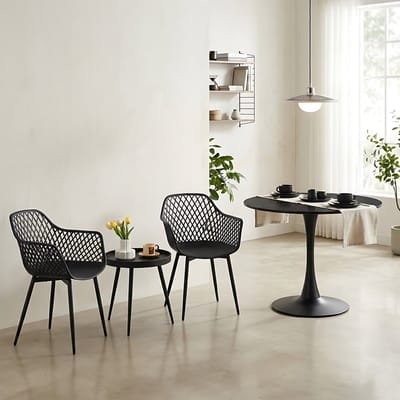 Combinatieset: 3-delige tafel -en stoelenset + Ronde Zwarte eettafel/keukentafel 80 x 80 x 73 cm - Salontafel bijzettafel - Geschikt voor 2 tot 4 personen - Tafelblad met gesplitst ontwerp