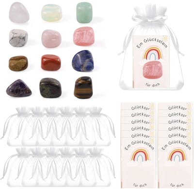 Dailygoods - 12 x Kaboutersteen, Kleurrijke Edelstenen met Wenskaart en Organza Zakje
