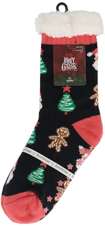 Apollo Dames Kerst Huissokken Met Antislip Donkerblauw Kerstboom Print - Maat 36/41