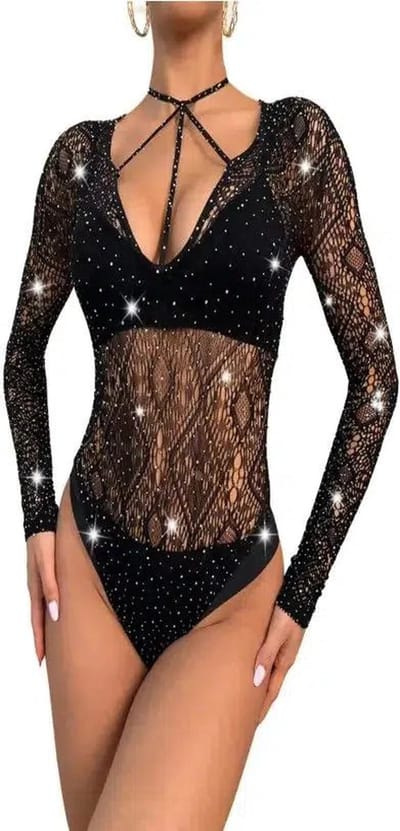 Cindylove - Body met mouwen en strass steentjes - Zwart