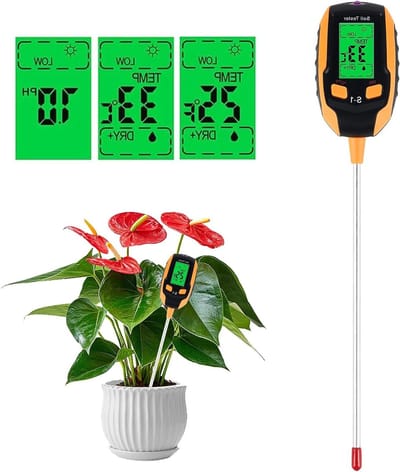 Digitale 4-in-1 Bodemvochtmeter met PH-Meter, Temperatuur- en Luchtvochtigheidsmeter voor Tuinieren en Landbouw binnen en buiten