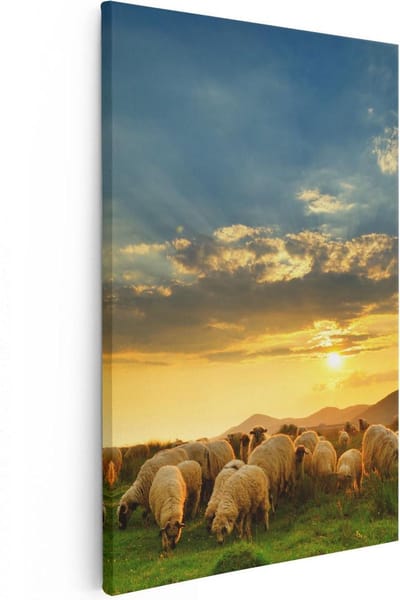 Artaza Canvas Schilderij Kudde Schapen - 20x30 cm - Klein - Wanddecoratie Dieren - Muurdecoratie Weiland - Schilderijen Op Canvas