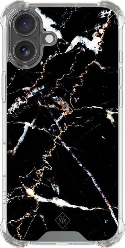 Casimoda® hoesje - Geschikt voor iPhone 16 - Marmer Zwart - Shockproof case - Extra sterk - Siliconen/TPU - Zwart, Transparant