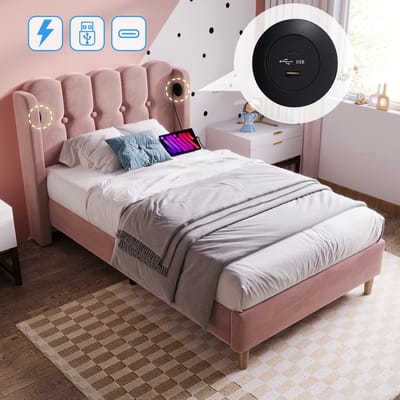 SINGULARITY-Gestoffeerd bed 90 x 200 cm eenpersoonsbed met USB Type C- bedframe met lattenbodem- bed in roze- bedframe jeugdbed- zonder matras