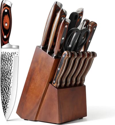 Royal Swiss® messenset met Blok – 15 Delig – Keukenmessen Set – Inclusief Slijper – RVS koksmes met Messenblok – Steakmessen Bruin