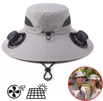 Sorprese Zonnehoed met Ventilator - Solar Outdoor Hoed met 2 Ventilatoren - Vissershoed met Zonnepanelen - USB Oplaadbaar - Brede Rand - Unisex - Lichtgrijs