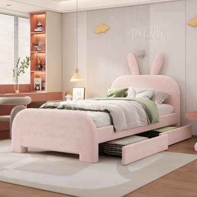 REDOM Kinderbed 90x200 cm van pluche/MDF – Met konijnvormig hoofdbord en 2 opberglades – Roze
