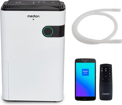 MEDION luchtontvochtiger met app en stembediening (5L waterreservoir, tot 40m², ontvochtigingsvermogen 24L/dag, 280W max. vermogen, 2 snelheidsniveaus, tiptoetsbediening, MD 12044)