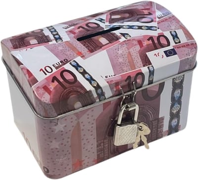Metalen Spaarpot - Geldkistje Decoratief - Geld Leren Sparen - Met Cilinderslot - 8x8x12 cm - Euro Bankbiljet